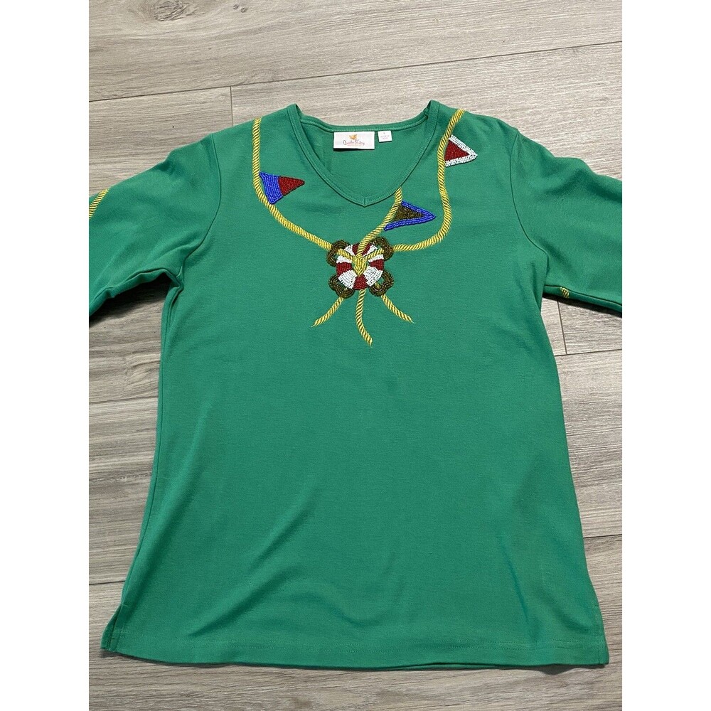 The Quacker Factory- Nautical Themed Glitzy Top Sz Small Green 3/4 Sleeves